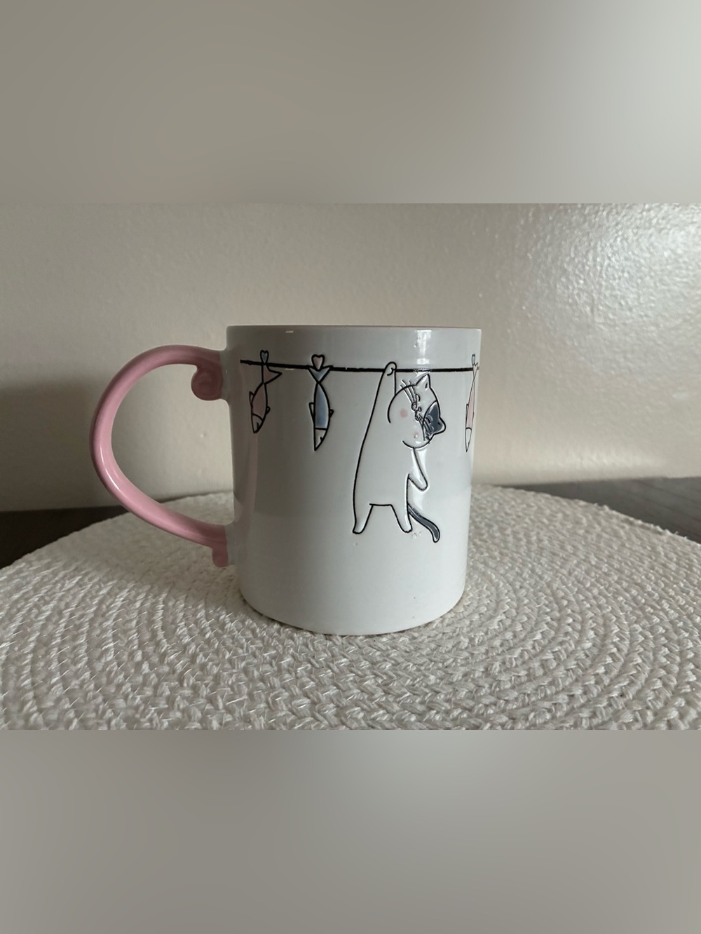 Cute Hanging Cat Ceramic Mug with Pink Handle
